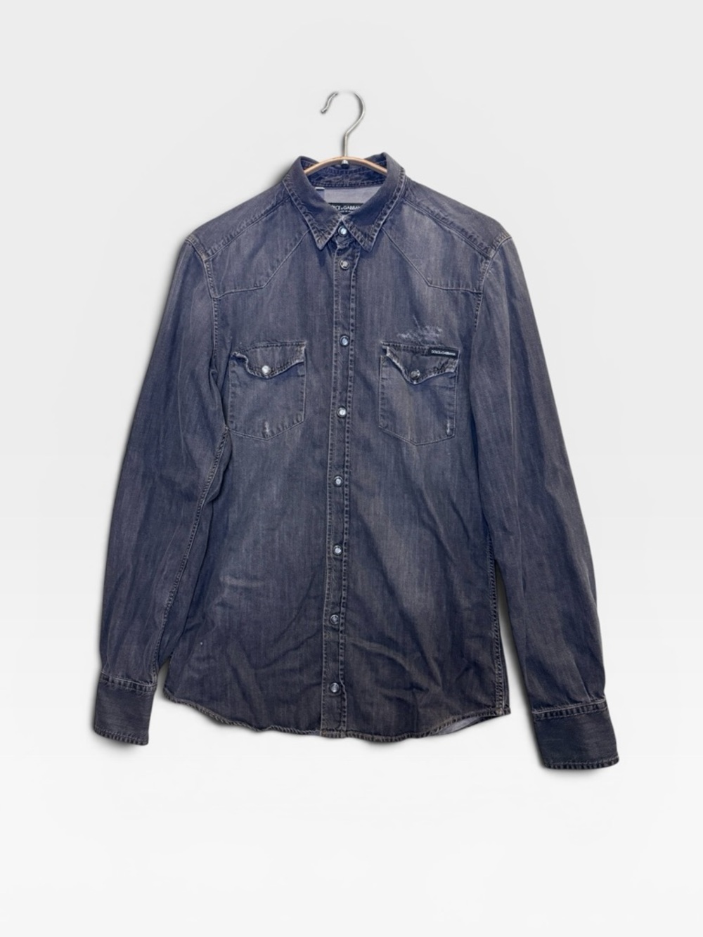 Dolce & Gabbana Distressed Grey Denim Button-Down Shirt Size 15/38